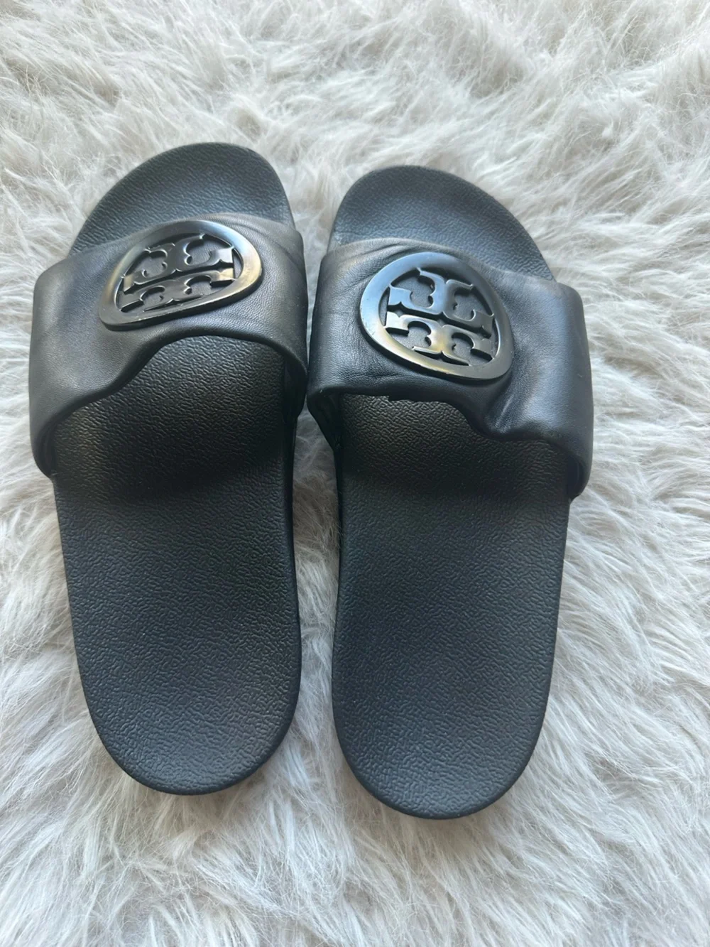 Tory Burch women’s Black Leather double T Logo Lina Slide Sandals 7